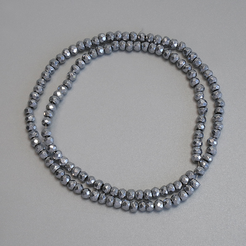 Mărgele hematit, culoare argintie, rondele facetate 4×3 mm, pe fir, lungime 38 cm+