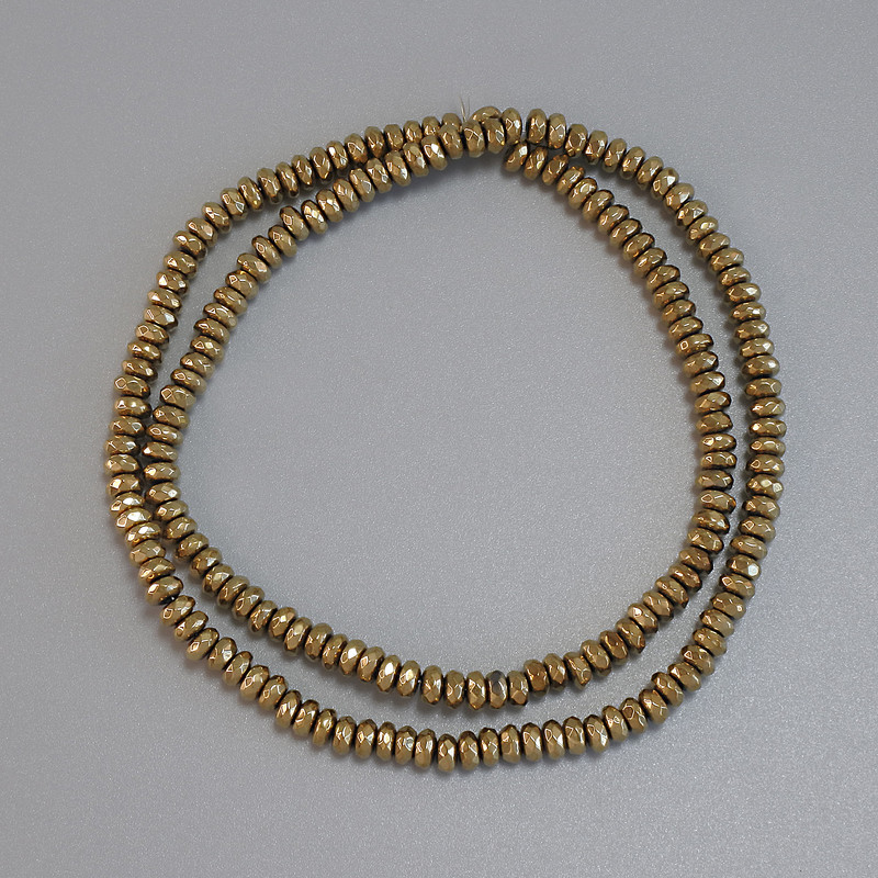Mărgele hematit culoare aurie, rondel facetat 4×2 mm, pe fir, lungime 38 cm+