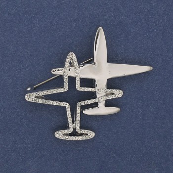 Broșă-pendativ Avion cu strasuri albe, metal argintiu 43x50mm+