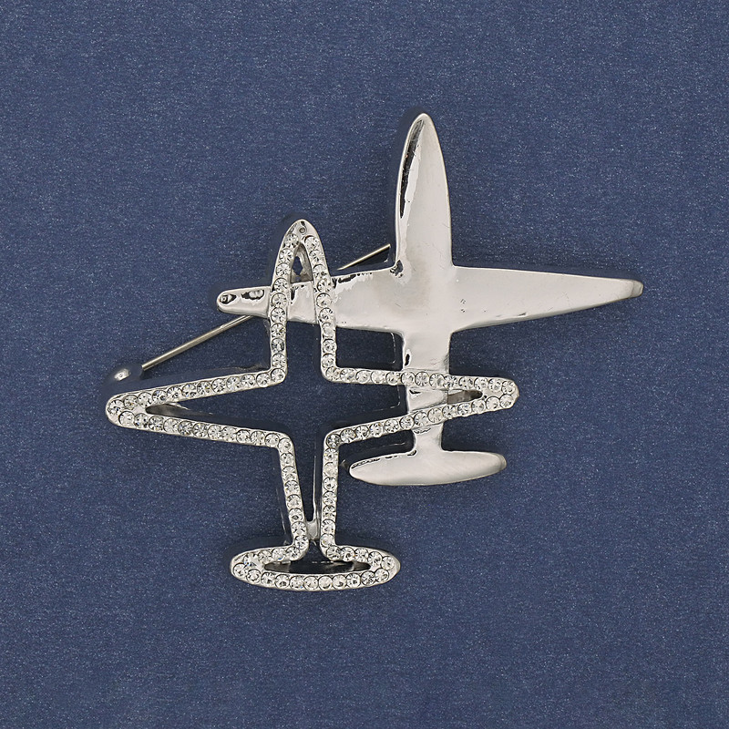 Broșă-pendativ Avion cu strasuri albe, metal argintiu 43x50mm+