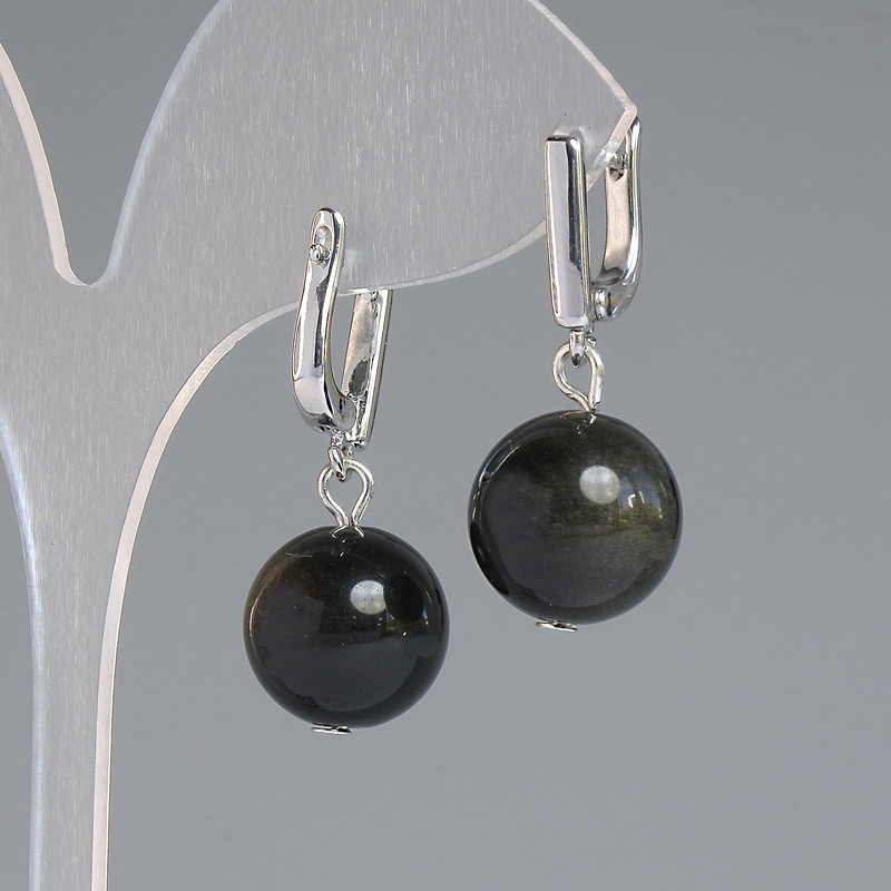 Cercei din obsidian solar, bilă netedă, diametrul 14 mm, lungime 32 mm, metal argintiu