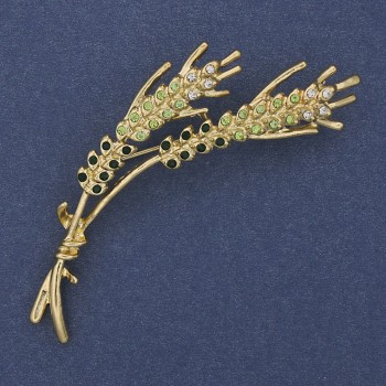 Broșă cu spicuri de grâu verzi și strasuri albe, metal auriu, 18x65mm+