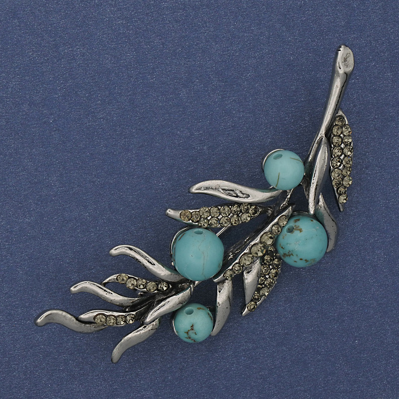 Broșă Ramură de Turcoaz, strasuri gri, 67×26 mm, metal argintiu