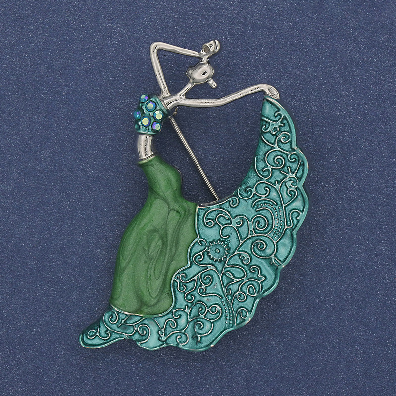 Broșă Dansatoare, email verde, strasuri, metal argintiu, 26x46mm+