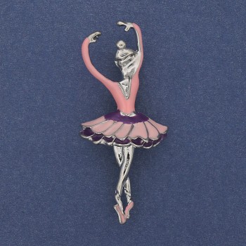 Broșă-pandantiv Balerină, email roz, metal auriu, 25x57mm+