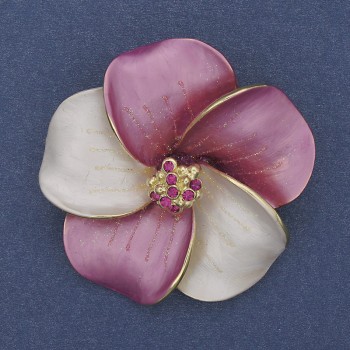 Broșă-pandantiv Floare alb-roz, email mat, strasuri, metal auriu, 49×49 mm