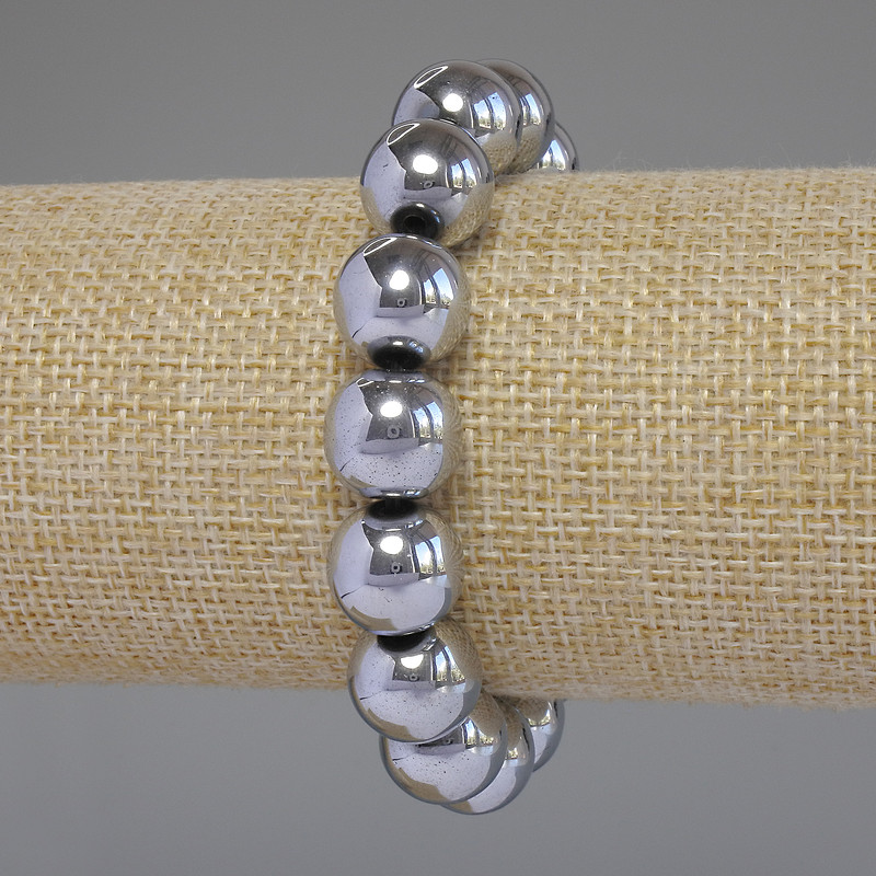 Brățară cu hematit, culoare argintie, bile lucioase, diametrul de 12 mm, lungime 18 cm, elastică