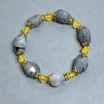 Brățară cu citrin, mărgele tăiate de 6 mm, Labradorit cabochon 15-18x13 mm, lungime 18 mm, elastic