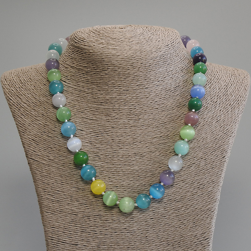 Colier multicolor cu ochi de pisică, mărgele netede, diametrul 11,5 mm, lungime 50 cm + lanț de prelungire de 5 cm