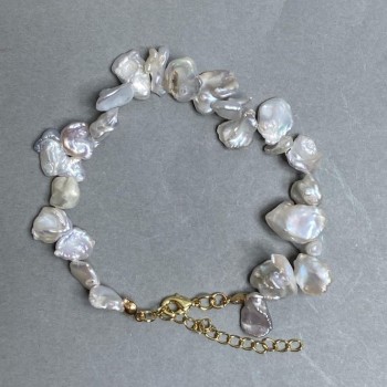 Brățară din perle baroce, diametrul 8–15×9–10 mm, lungime 19 cm, lanț de prelungire de 5 cm