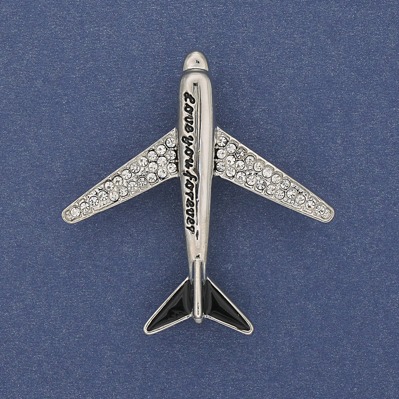 Broșă Avion albă cu strasuri albe, metal argintiu 43x40mm+