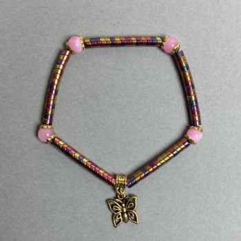 Brățară cu hematit în formă val, 4x2 mm ±, cuarț roz sintetic, mărgele 6 mm ±, lungime 18 cm, elastic