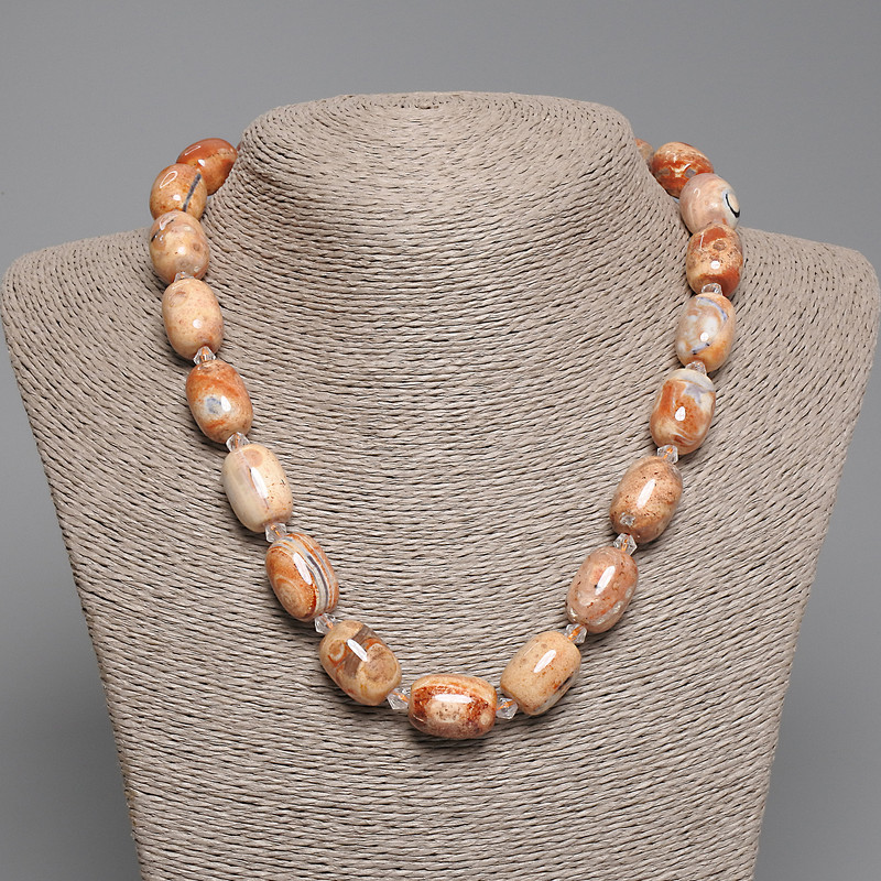 Colier cu jasper deșert, mărgele baril, diametrul aproximativ 18×13 mm, mărgele de 5 mm, lungime 45 cm, cu închizătoare