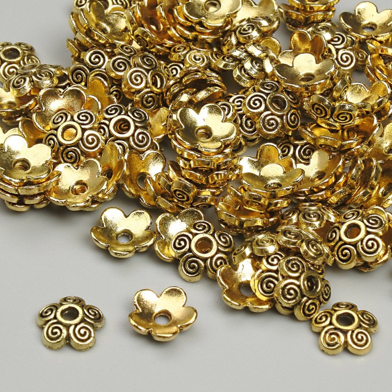 Capac pentru mărgele auriu, 6,5 mm, gaură de 1,2 mm, ambalare 20 g (~125 buc.)