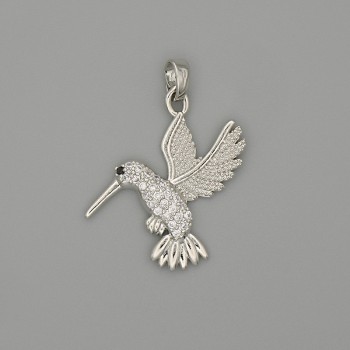 Pandantiv Colibri, din metal argintiu, cu strasuri albe, diametrul 29×21 mm+