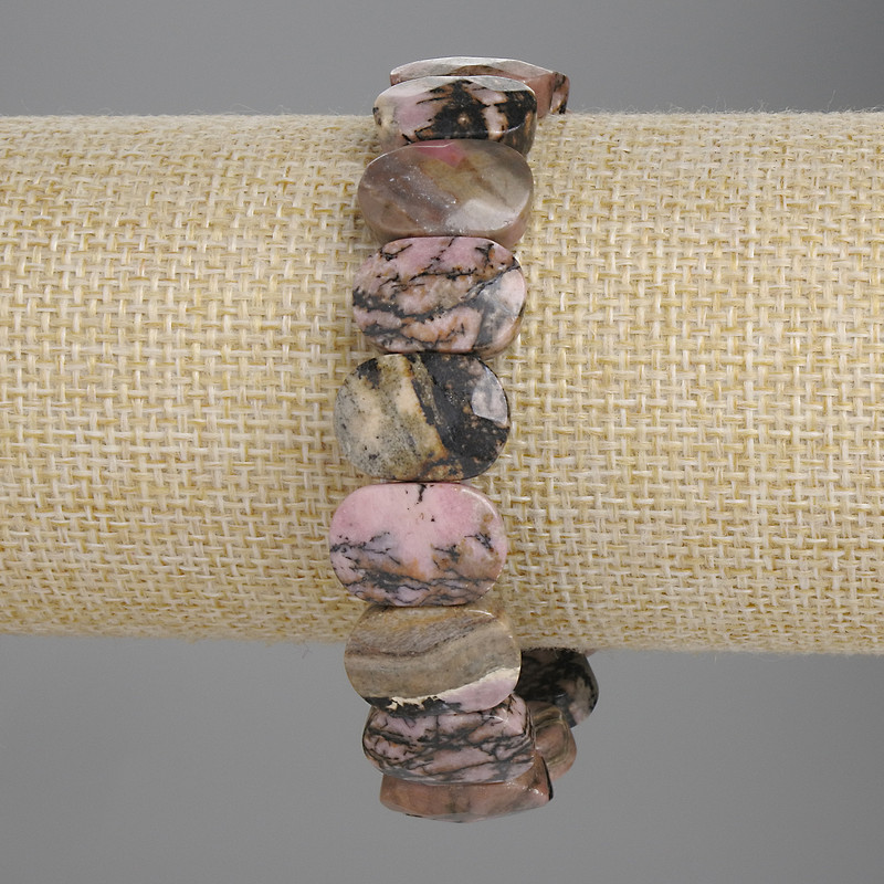 Brățară din rodonit, zale tăiate 15×10 mm, lungime 18 cm, bandă elastică