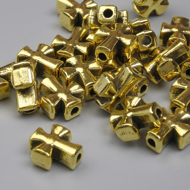 Mărgea-inserație în formă de cruce, aurie, 9×8 mm, gaură Ø 1,7 mm, ambalare 20 g (~21 buc.)