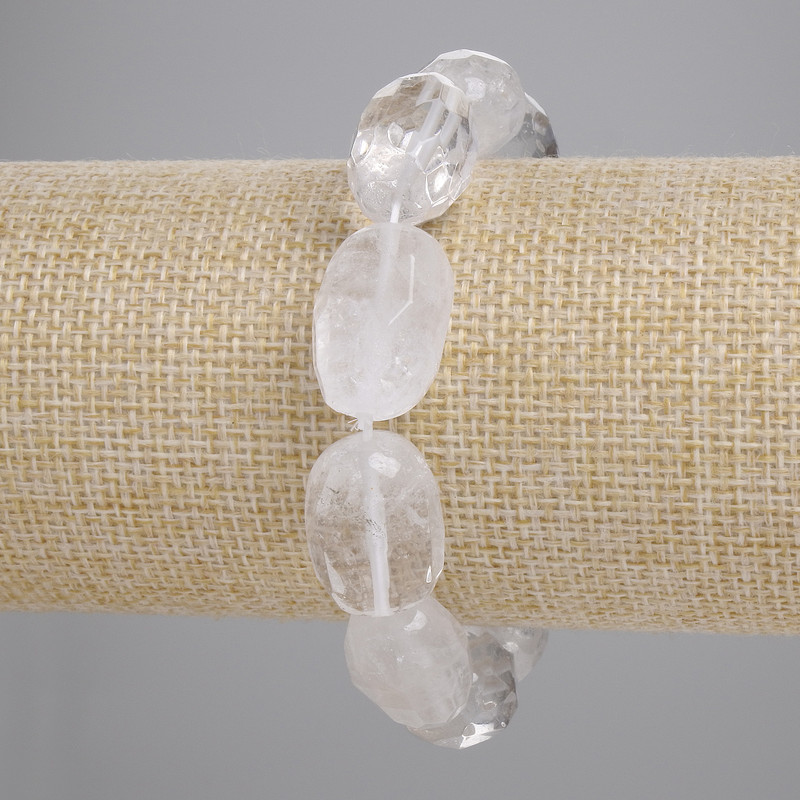 Brățară cu cristal de munte, mărgele fațetate 16–18×10–13 mm, 5 mm, lungime 18 cm, pe bază elastică