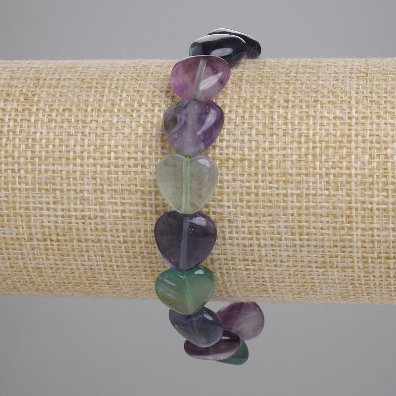 Brățară din fluorit natural, piatră în formă de inimă, diametrul de 12 mm, lungimea de 18 cm, extensibilă (pe elastic)