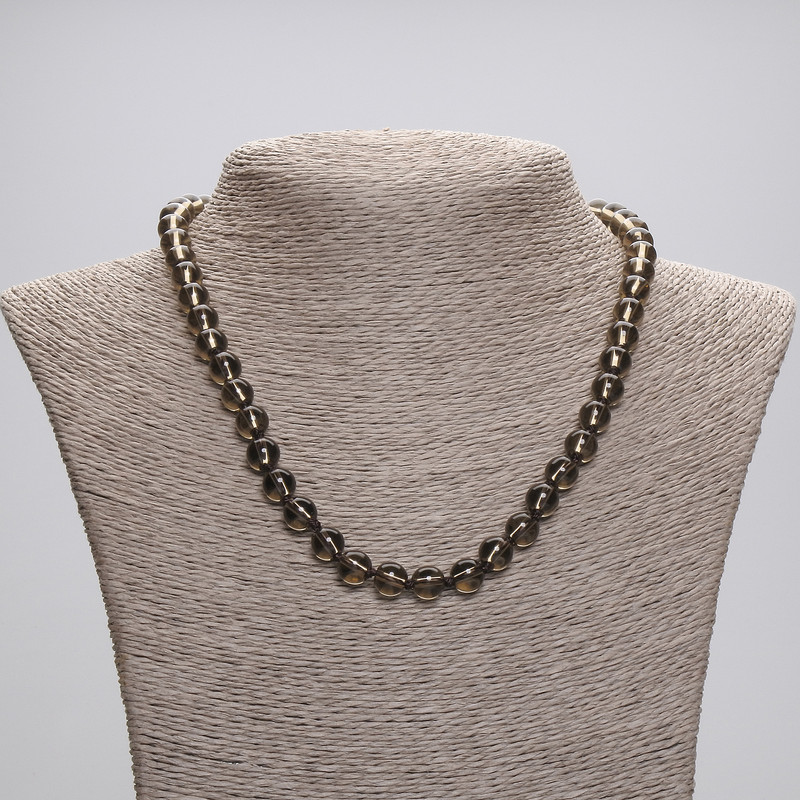 Colier cu topaz fumuriu, bile netede, 8 mm, lungime 45 cm, cu închizătoare