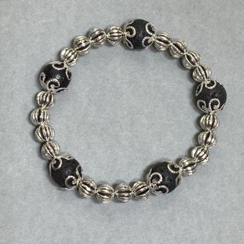 Brățară din lavă netedă, mărgele rotunde, diametru aproximativ 10 mm, cu inserții metalice, lungime 18 cm, bandă elastică