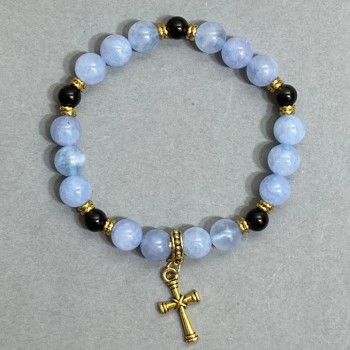 Brățară cu acvamarin – bile netede, diametrul aproximativ 8,5 mm, bile de agat de aproximativ 6 mm, cu inserții metalice, lungime de 18 cm, pe elastic