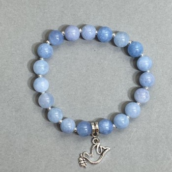 Brățară din acvamarin, bile netede, diametru aproximativ 8,5 mm, cu inserții metalice, lungime 18 cm, pe bandă elastică
