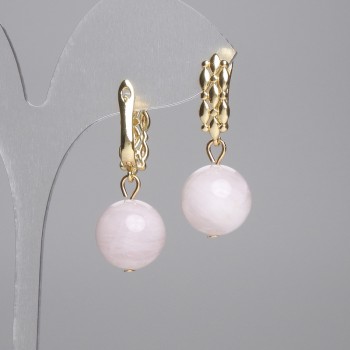 Cercei din cuarț roz Madagascar, bilă netedă de 14 mm, lungime aproximativă 34 mm