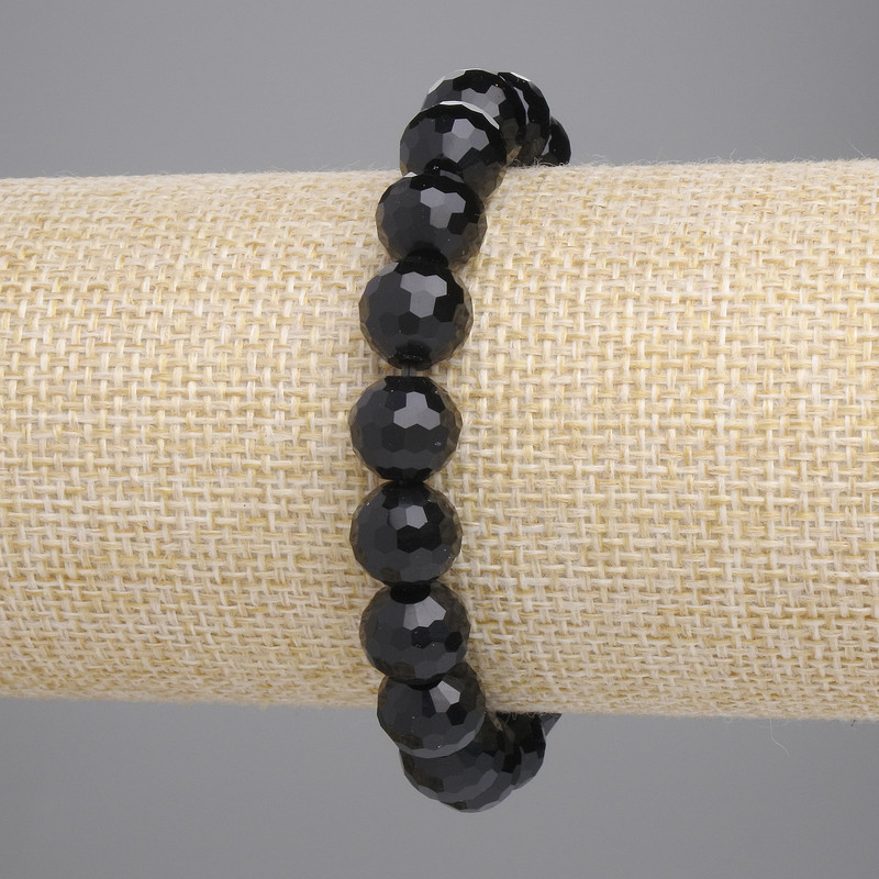 Brățară din agat (artificială) neagră, sticlă cehă neagră, mărgele facetate de 10 mm, lungime 18 cm, șnur elastic