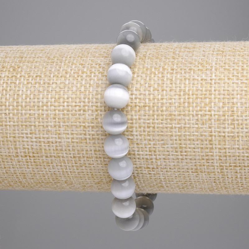 Brățară cu ochi de pisică gri, mărgele netede, diametrul 8 mm, lungime 18 cm, pe elastic