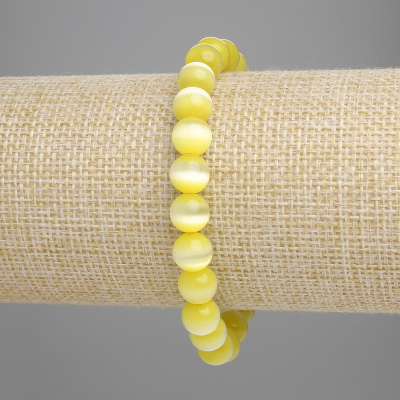 Brățară din ochi de pisică galbenă (syntetică) - mărgele netede, diametrul 8 mm, lungime 18 cm, elastică