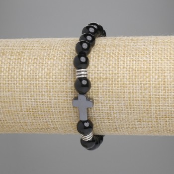 Brățară din agat cu mărgele netede, diametru 8 mm, cruce din hematit 14×10 mm, lungime 18 cm, elastic