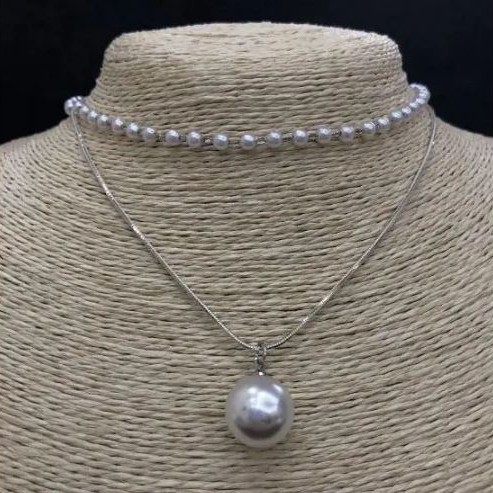 Choker dublu pentru gât «perlat» (acril) mărgea «bilă», diametrul 14 mm, lungimea 32–38 cm, metal gri