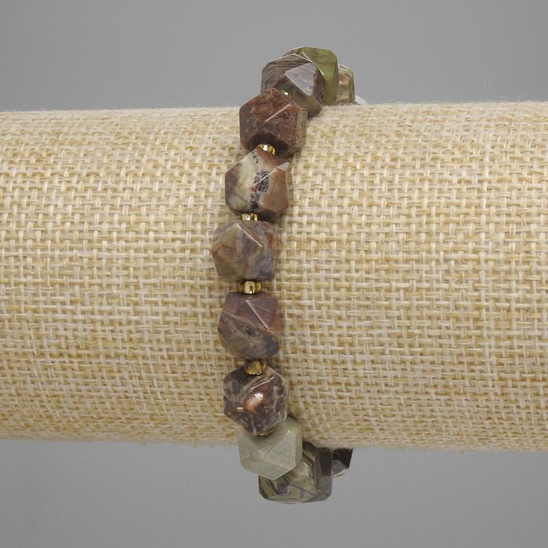 Brățară cu jasper peisaj, fațete multifacetate 8,5×8 mm, mărgele 3 mm, lungime 18 cm, pe bază elastică