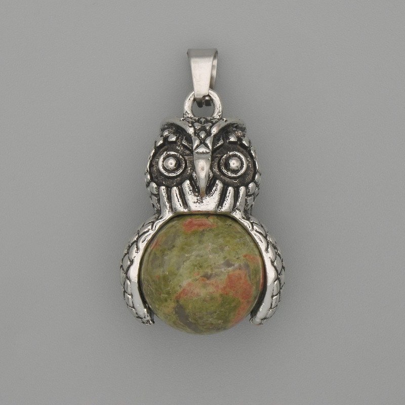 Pandantiv Bufniță din heliotrop, metal argintiu, diametru 30×20 mm ±, lungime 37 mm ±