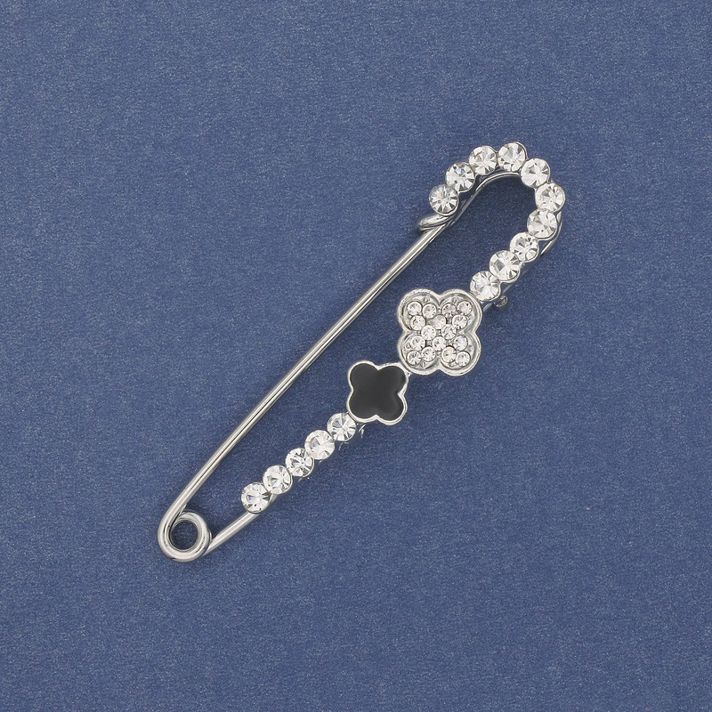 Broșă-pin cu trifoi cu patru foi, 58x15 mm, argintiu
