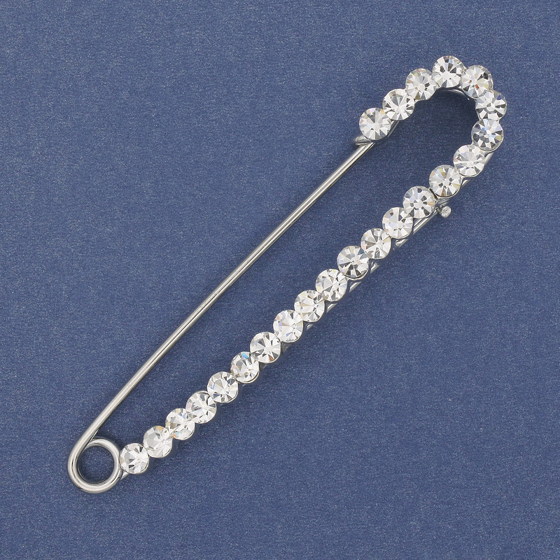 Broșă-pin cu strasuri albe, 75×16 mm, metal argintiu