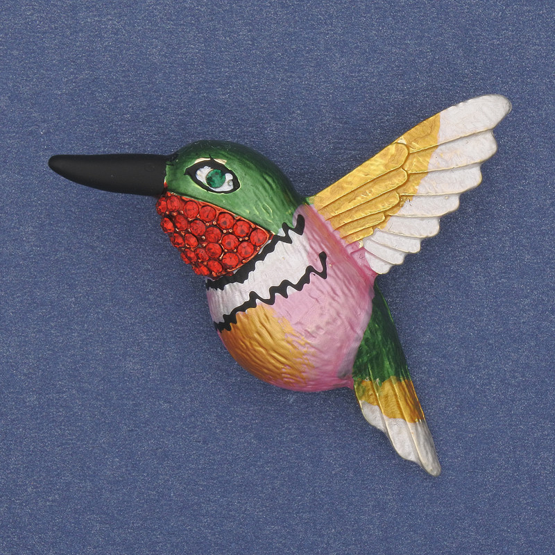Broșă Pasăre, email colorat, strasuri roșii, metal auriu, 50×35 mm+
