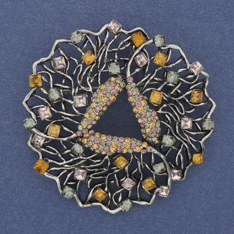Broșă-pendulă Accent, cu strasuri colorate, metal argintiu, 51 mm+