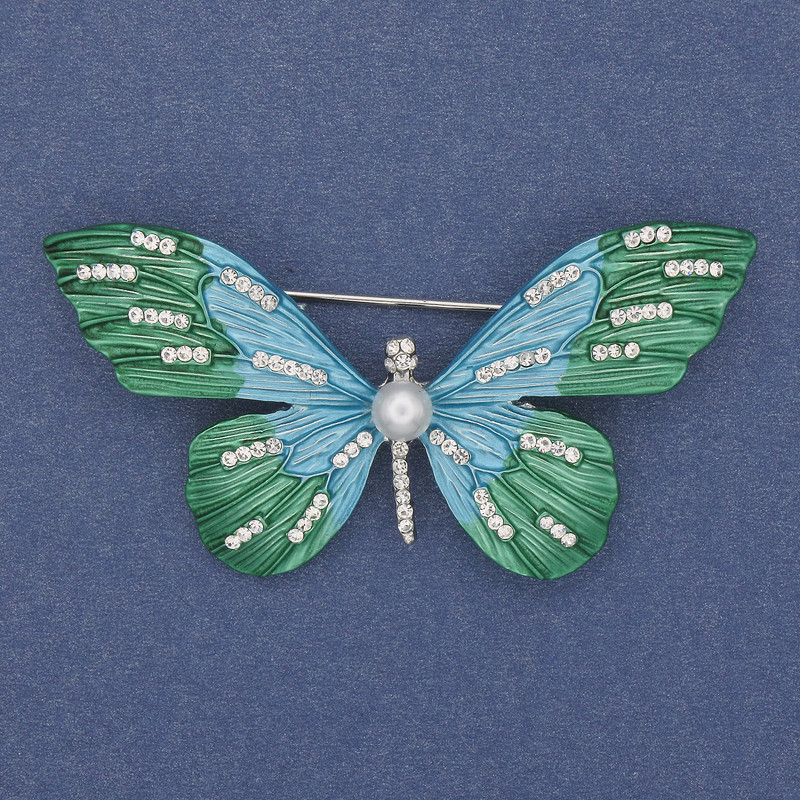 Broșă Fluture cu strasuri albe, email, metal argintiu, 60×35 mm+