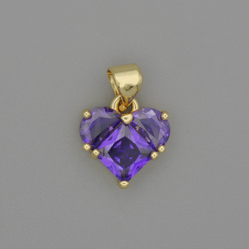 Pandantiv inimă cu strasuri violete, metal auriu, diametrul 10x12 mm ±, lungime 17 mm ±