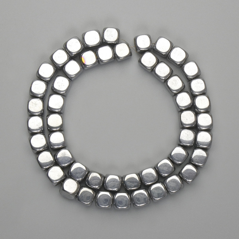 Mărgele hematit cub, 7,5×7,5 mm, culoare argintie, lungime 39 cm+