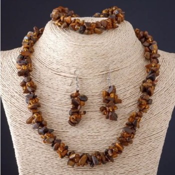 Setul Trio cu ochi de tigru din piatră naturală, fragmente de piatră, colier, cercei și brățară