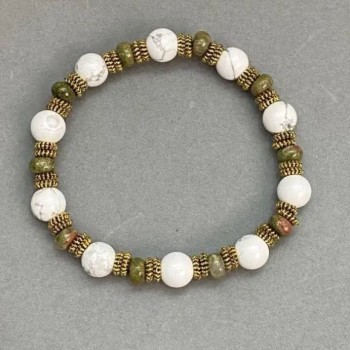 Brățară cu boabe de howlit de 8 mm ±, rondel de heliotrop 6×3 mm ±, lungime 18 cm ±, pe elastic