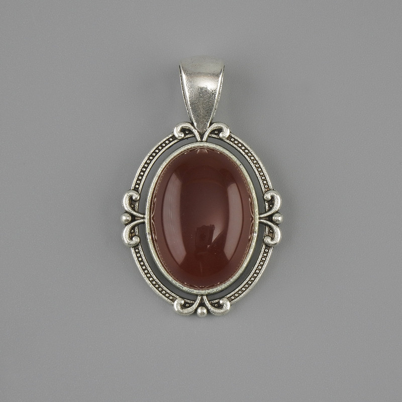 Pandantiv carneol 34×21 mm ± metal argintiu
