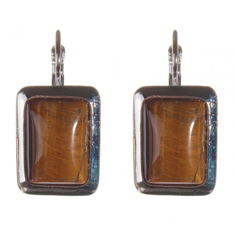 Reducere. Cercei cu ochi de tigru, ramă netedă, piatră dreptunghiulară 2,3 × 1,8 cm, lungime 3,5 cm