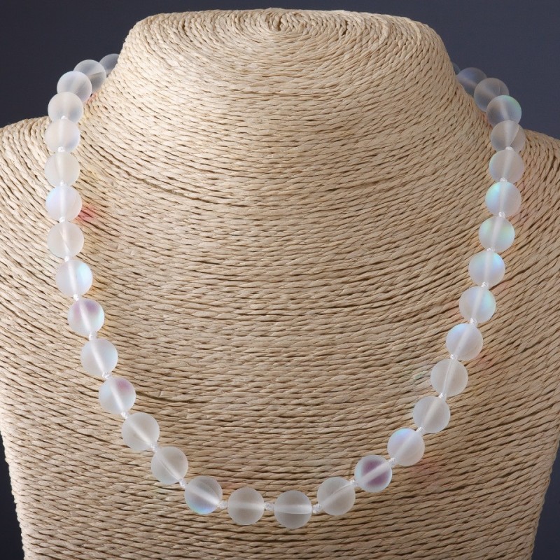 Colier cu mărgele din sticlă opal alb mat, diametru 10 mm