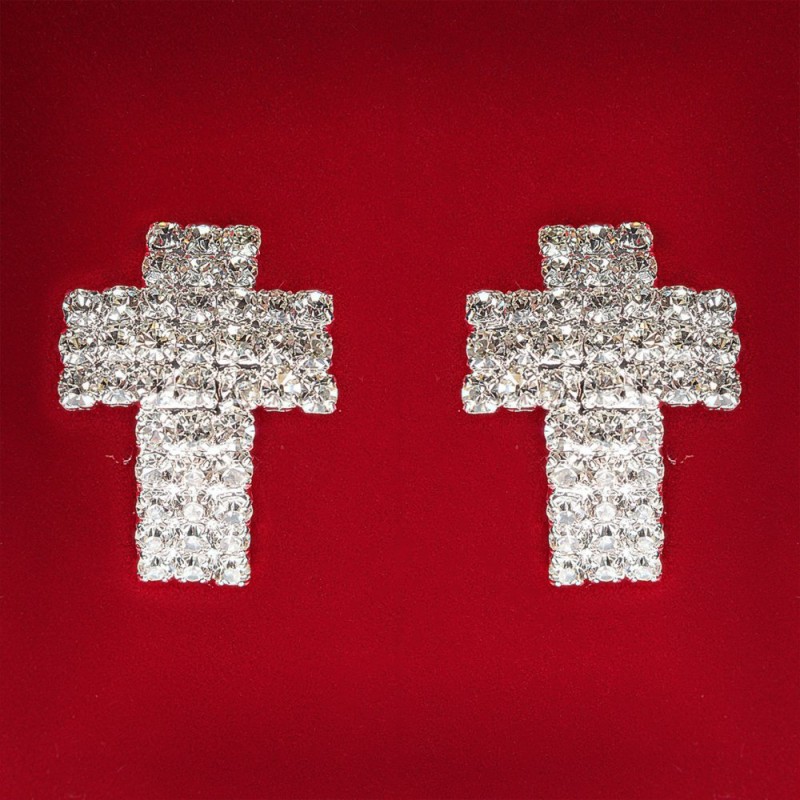 Cercei pentru femei, albi, cu strasuri, din metal deschis, de nuntă, de seară, cercei cu știfturi, cruce mari de 25 mm