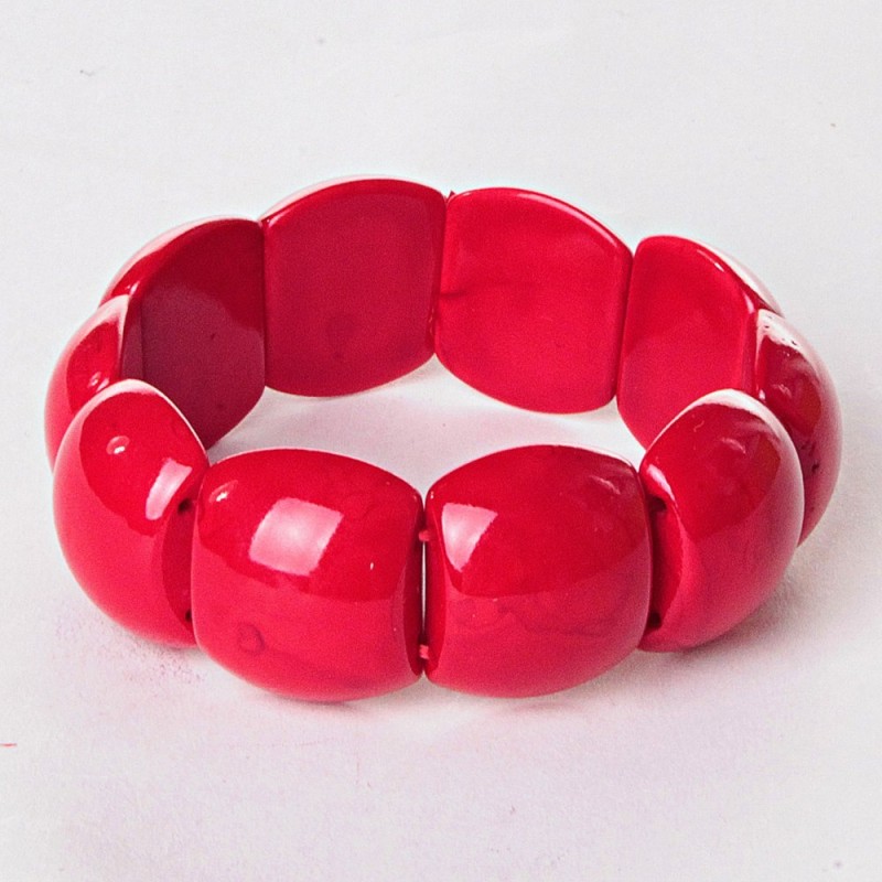 Brățară din coral presat, cu pietre pătrate pe elastic, verigi convexe, 1,8×2,1 cm