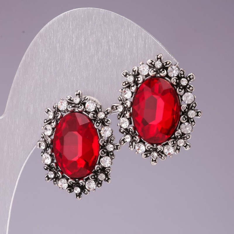 Cercei 2, 2x1, 7 cm, fulg de zăpadă, cristal roșu, în formă ovală, strasuri